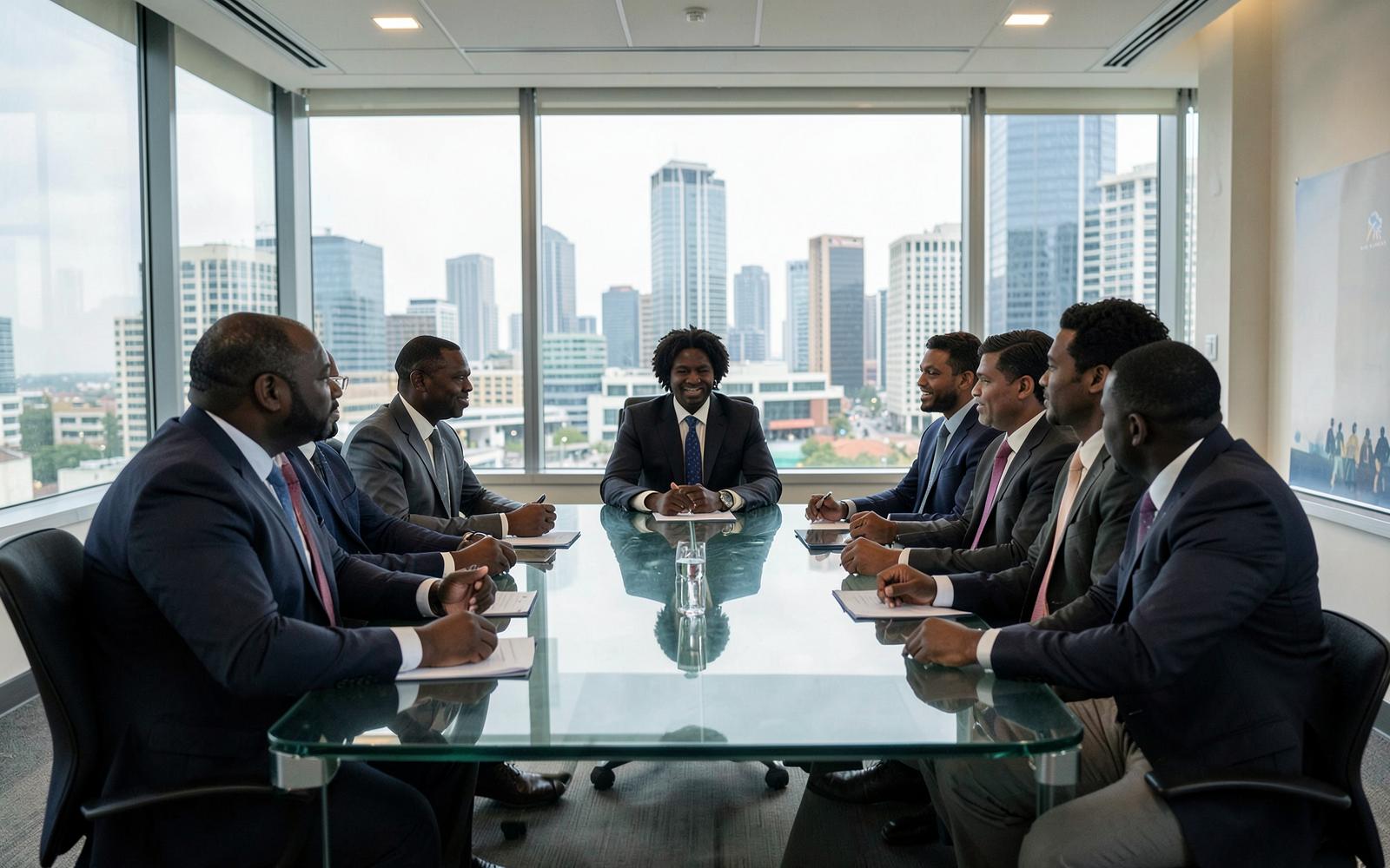 A trade delegation meeting international counterparts in a boardroom