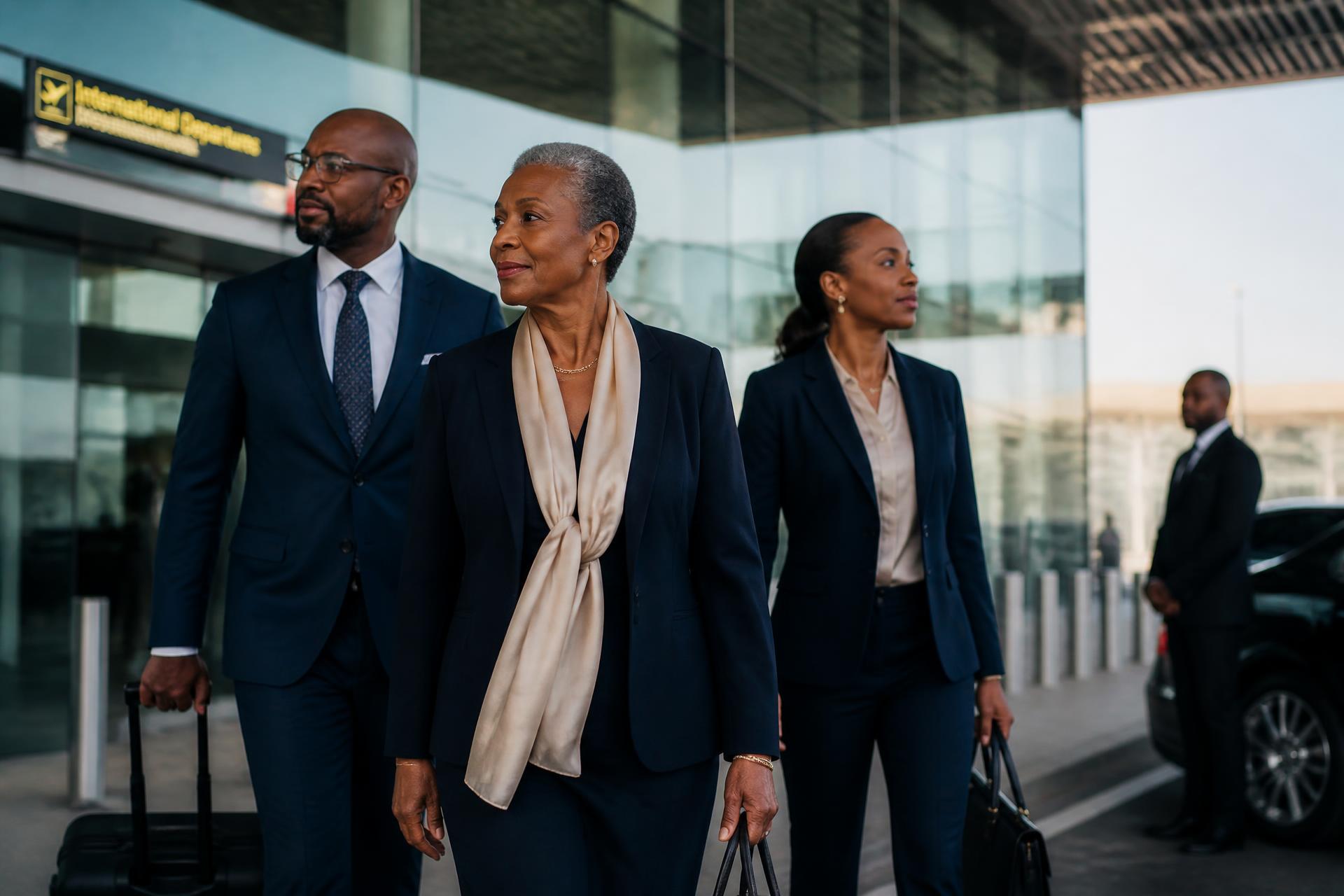 A senior executive delegation arriving at a modern international airport